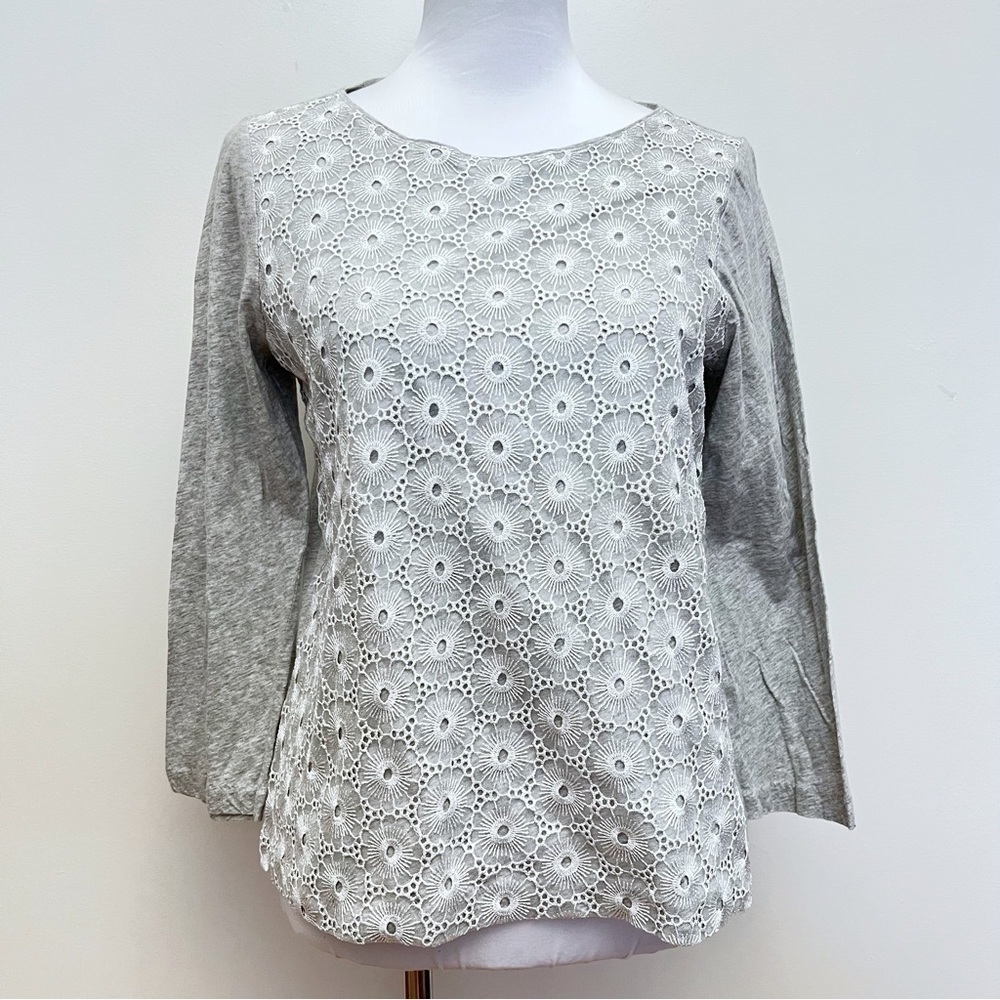 J. Crew Silver Crochet Floral Overlay Grey Slub 3/4 Sleeve Top Size Medium
